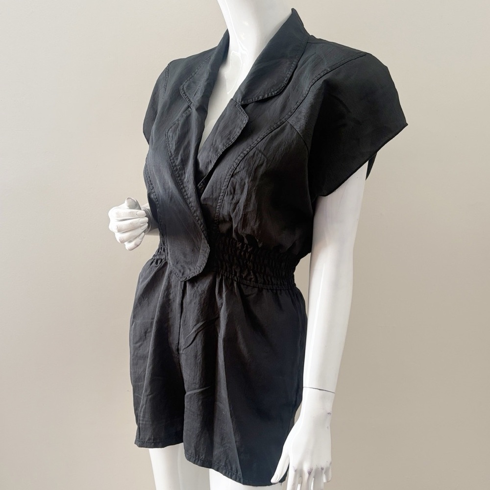 Vintage 80s 90s Joan Walters Black Jumpsuit w Shoulder Pads Elastic Waistband - Picture 2 of 5